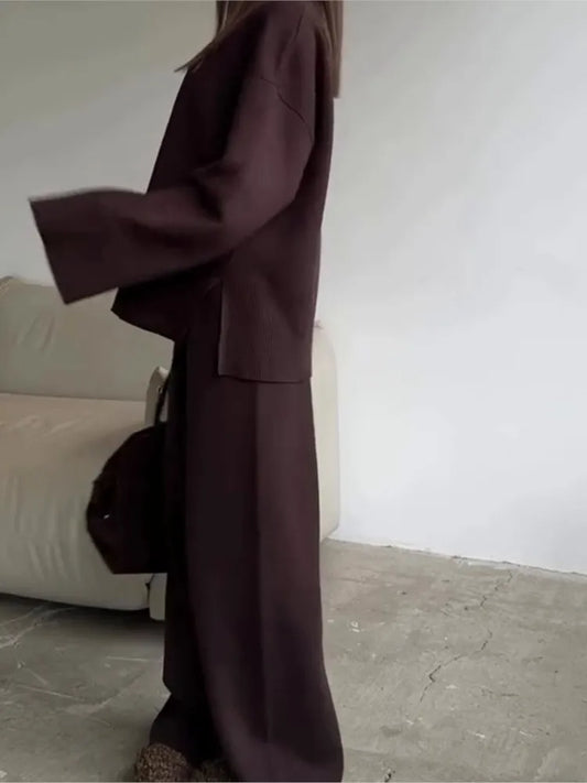 2025 Solid Color Knitted Sweater Two Piece Set Women Fashion Loose O Neck Knitting Pullover Trousers Sets Female Simple Style