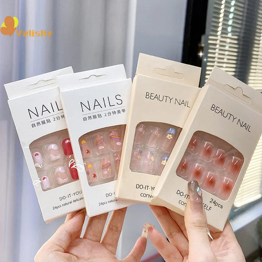 2025 Newest 24PCS/Set Nail Art French Fake Nails Set With Glue ABS Plastic - Simple Short Nail Stickers